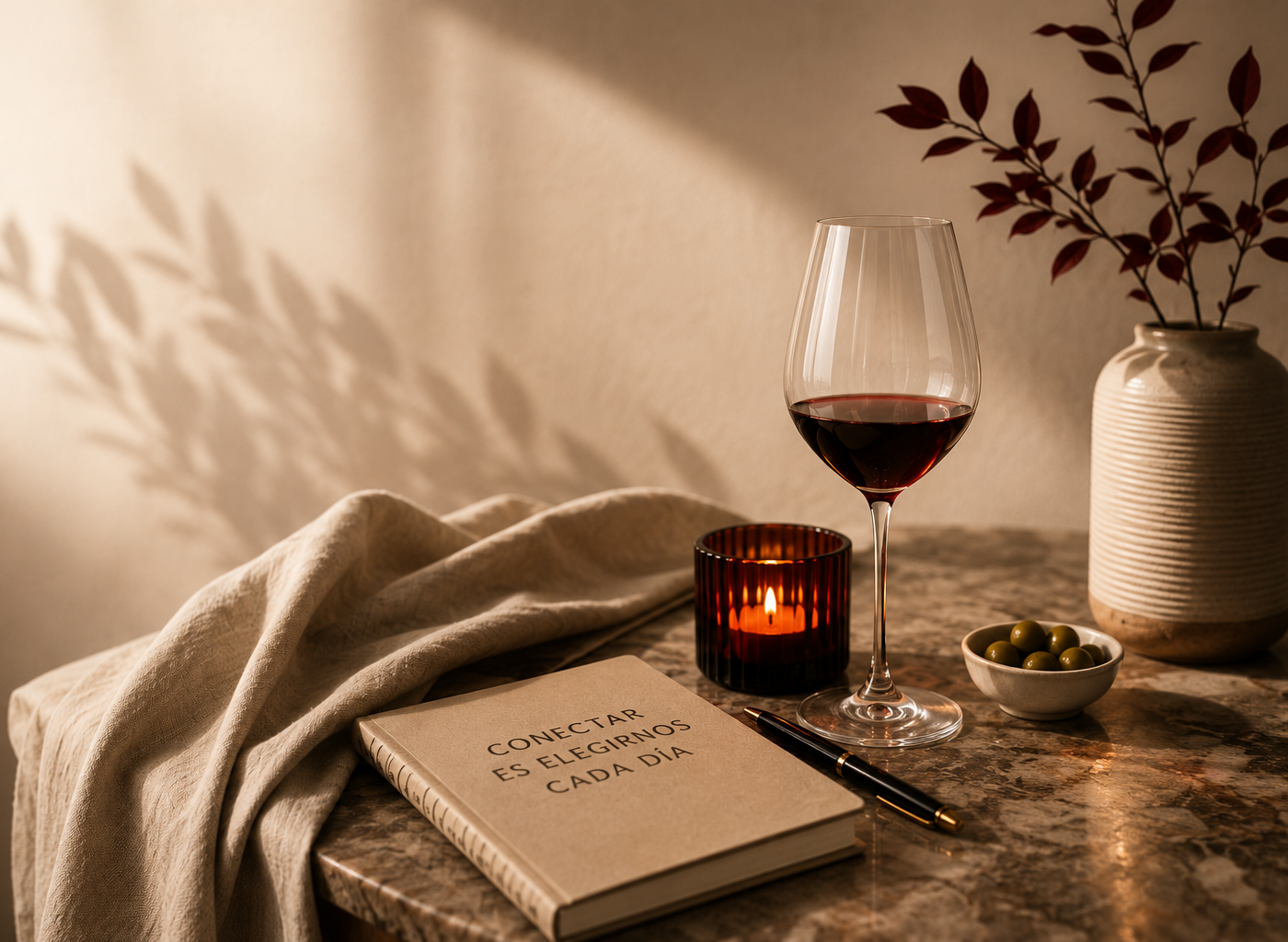 Copa de vino tinto, vela encendida y cuaderno sobre una mesa de mármol con luz cálida
